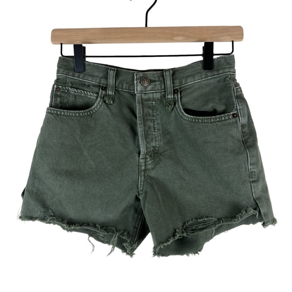 Free People Army Green Distressed Makai Cutoff Denim Shorts